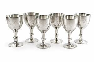 Set of 6 Vintage Stainless Steel Goblets Etched Floral Wine Cups 3” Barware